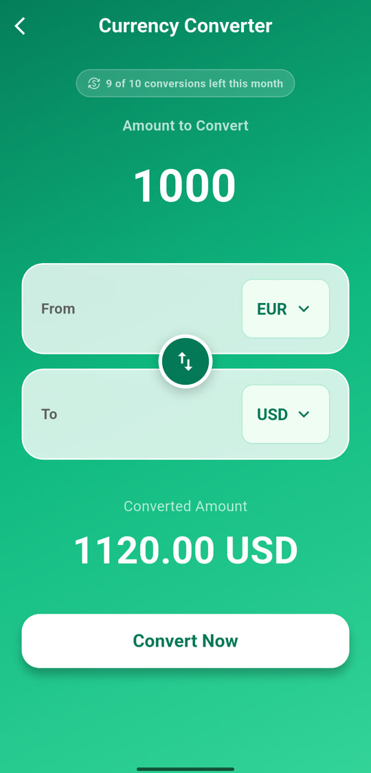 SkyTrackr currency converter turning 1000 EUR into 1120.00 USD
